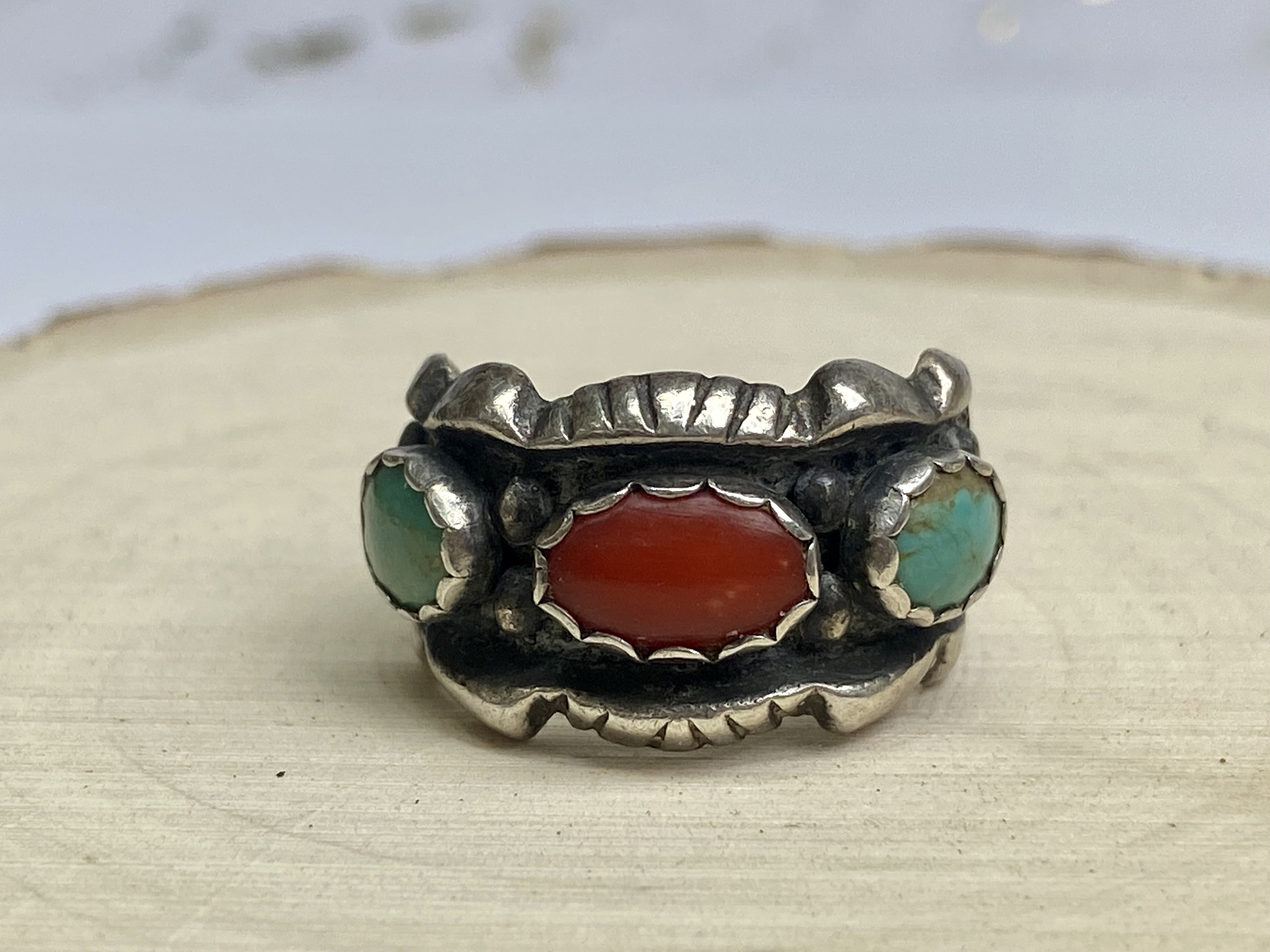 Vintage Native American 925 Sterling Silver Turquoise and Coral Ring - Etsy