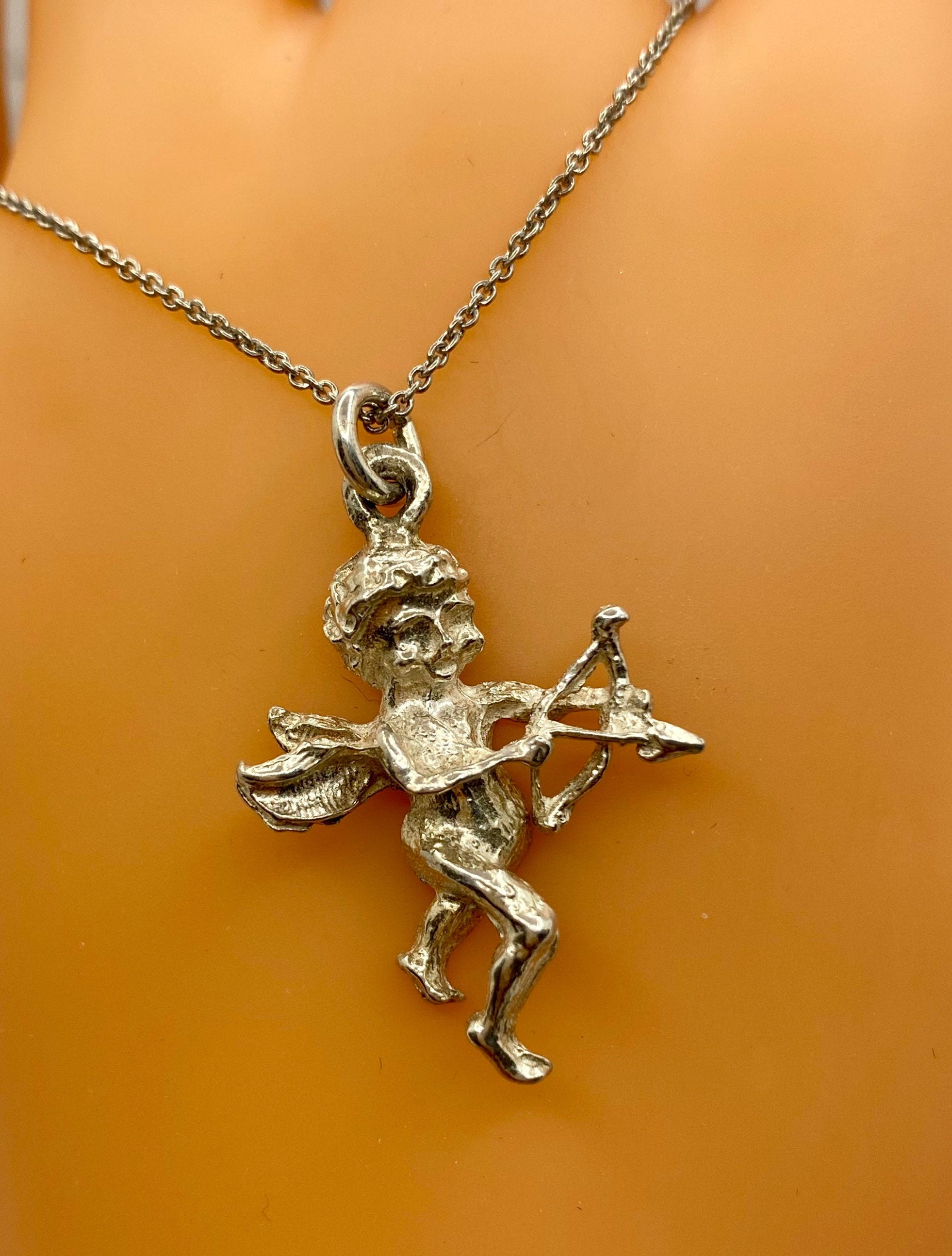 Vintage Sterling Silver Cupid Pendant Necklace: 925 Angel With Bow