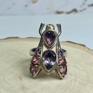 May include: A silver ring with a purple and pink gemstone insect design.