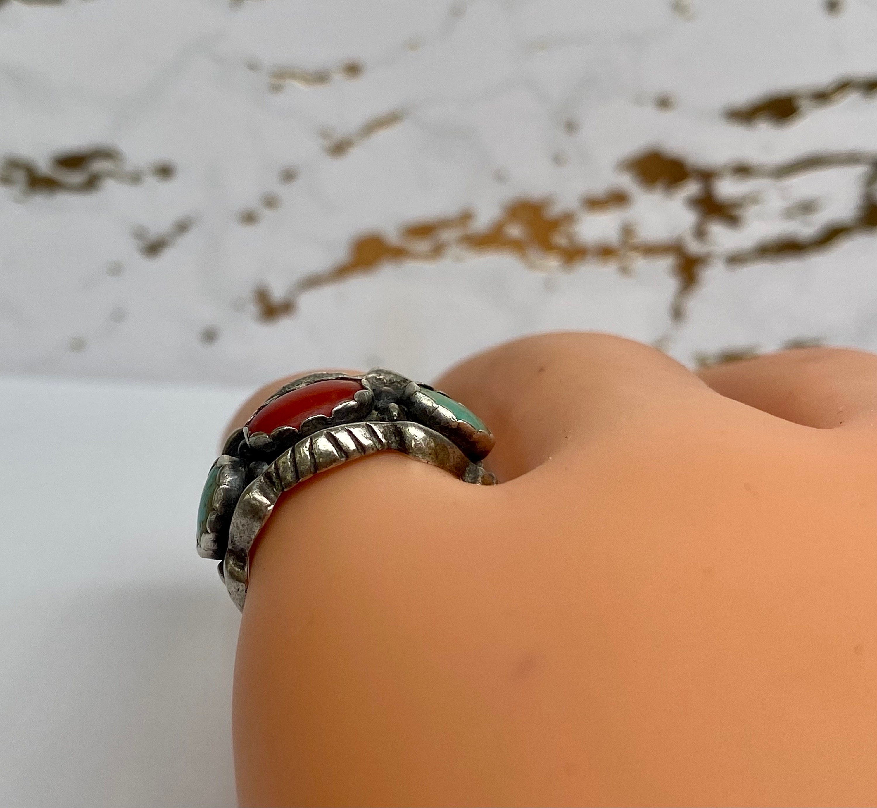 Vintage Native American 925 Sterling Silver Turquoise and Coral Ring - Etsy