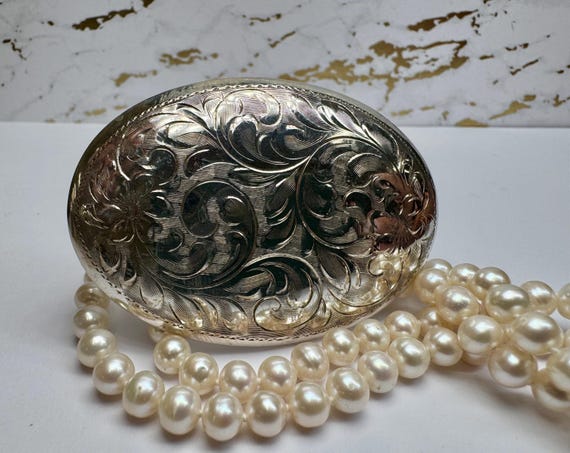 Vintage Sterling Silver Floral Brooch: Etched Oval Design - Etsy