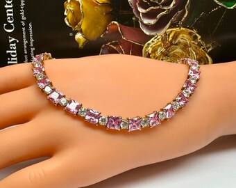 Yellow Gold Over Sterling Silver Tennis Bracelet: Pink & White Stones