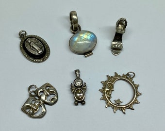 Vintage Sterling Silver Pendants: Moonstone, Angel, Comedy Tragedy