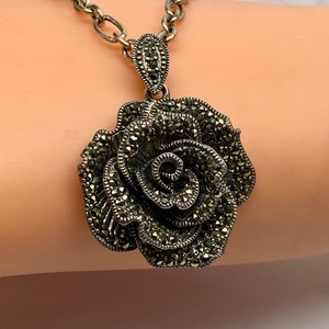 Vintage Large THAI 925 Sterling Silver And Marcasite 3D Rose Flower Necklace