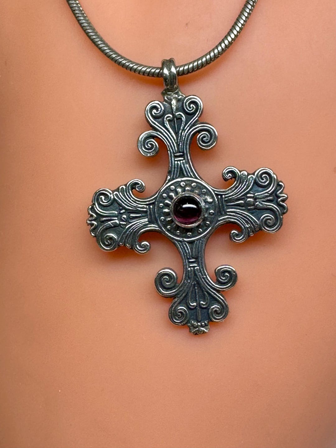 Vintage Taxco Mexico Sterling Silver Ornate Cross Pendant With Garnet ...