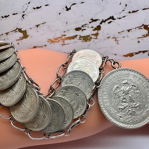 Vintage Silver 1944 Mexico One Peso And 1920-1930s Twenty Centavos Coin Bracelet !!!