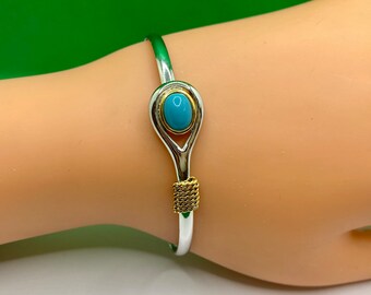 Vintage  CI 925 Sterling Silver Hinged Bangle Bracelet With Blue Turquoise