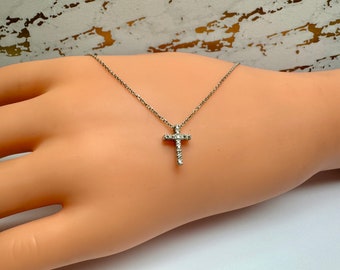 14K White Gold Diamond Cross Pendant Necklace - 16 Inch