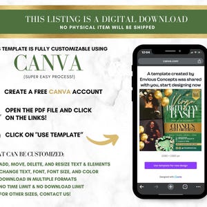 May include: A digital download template for Canva, featuring a green and gold birthday party invitation with the text "Virgo Birthday Bash" and "Chanel's 25th Birthday". The template is fully customizable and can be used to create invitations, flyers, or other marketing materials.