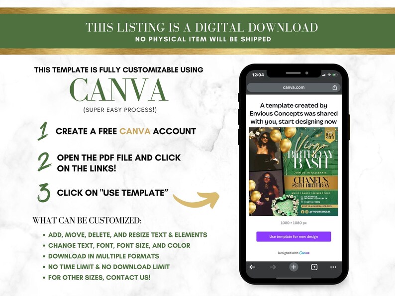 May include: A digital download template for Canva, featuring a green and gold birthday party invitation with the text "Virgo Birthday Bash" and "Chanel's 25th Birthday". The template is fully customizable and can be used to create invitations, flyers, or other marketing materials.