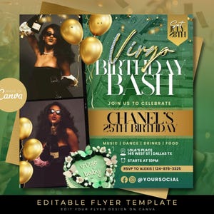 May include: A green and gold birthday party invitation with the text "Virgo Birthday Bash" and "Join us to celebrate Chanel's 25th Birthday". The invitation includes details about the event, including the location, time, and RSVP information.
