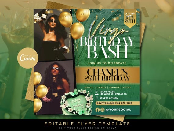 Virgo Birthday Bash Flyer: Gold Zodiac Party Invite (DIY Canva)