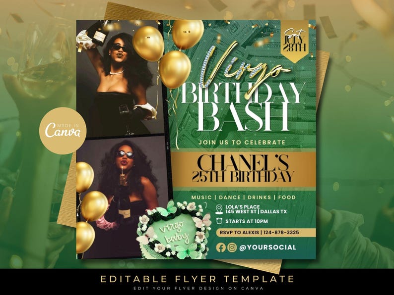 May include: A green and gold birthday party invitation with the text "Virgo Birthday Bash" and "Join us to celebrate Chanel's 25th Birthday". The invitation includes details about the event, including the location, time, and RSVP information.