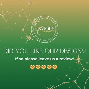 May include: A green and gold gradient background with gold stars and a gold circle with the text "EXVIOUS Concepts" in white. The text "DID YOU LIKE OUR DESIGN? If so please leave us a review!" is in white on a green background. Five gold hearts are below the text.