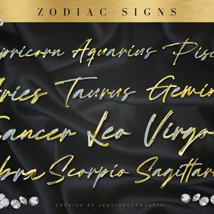 May include: A black background with gold lettering outlining the 12 zodiac signs. The signs are: Capricorn, Aquarius, Pisces, Aries, Taurus, Gemini, Cancer, Leo, Virgo, Libra, Scorpio, and Sagittarius.