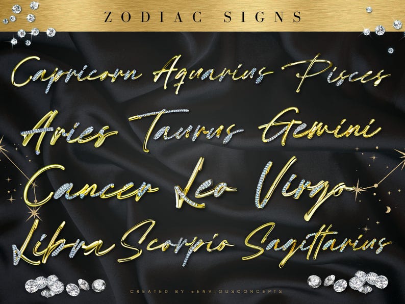 May include: A black background with gold lettering outlining the 12 zodiac signs. The signs are: Capricorn, Aquarius, Pisces, Aries, Taurus, Gemini, Cancer, Leo, Virgo, Libra, Scorpio, and Sagittarius.