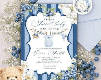 Baby Boy Shower Invitation Template, Berry Sweet Baby Invite, Blueberry Theme, RSVP Form, Editable Canva, Book for Baby, Diaper Raffle