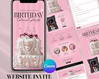 May include: A pink website invite for a birthday dinner party, featuring a cake graphic on a smartphone screen. The invite includes an RSVP form and the text "Birthday Dinner Party". The Canva logo is visible.