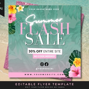 Op de afbeelding: Een turquoise en roze zomeruitverkoopflyer met tropische bladeren en bloemen. De tekst luidt "Summer Flash Sale" met 30% korting op de hele site. Geen code nodig. De flyer bevat ook social media-iconen en een websiteadres.