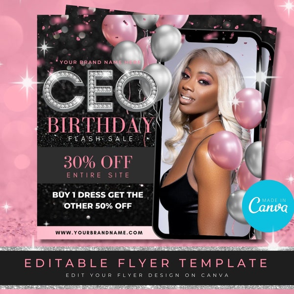 CEO Birthday Sale Flyer, Fashion Flyer, Birthday Sale Flyer, Black and Pink flyer, Sale Flyer, Editable Canva Template