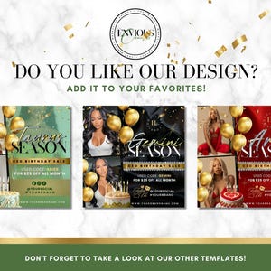 May include: Three digital marketing graphics for a birthday sale. Each graphic features a different zodiac sign: Taurus, Gemini, and Aries. The graphics are green, black, and red, respectively, and each features a woman and a birthday cake.