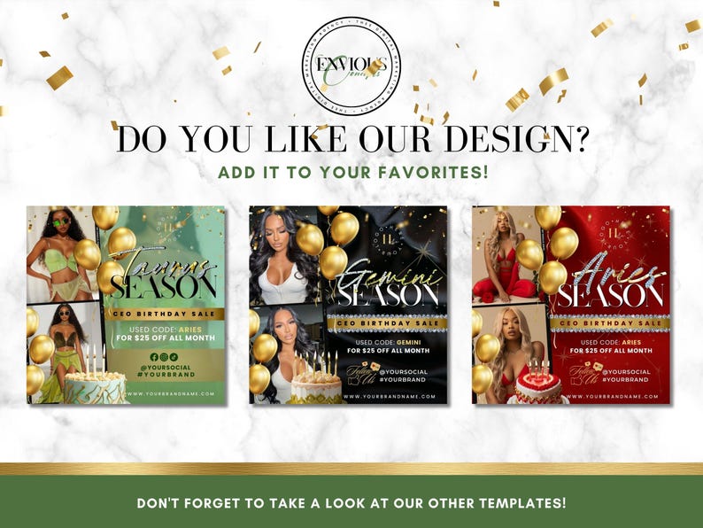 May include: Three digital marketing graphics for a birthday sale. Each graphic features a different zodiac sign: Taurus, Gemini, and Aries. The graphics are green, black, and red, respectively, and each features a woman and a birthday cake.