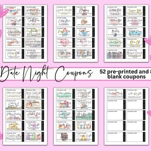 May include: A set of 52 pre-printed and 8 blank date night coupons. The coupons feature watercolour-style backgrounds with various themes, such as "Movie Date", "Coffee Date", "Shopping Date", and "Game Night".
