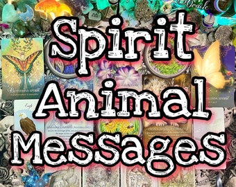 Può includere: Una collezione di carte Messaggi Animali Spirituali con varie illustrazioni di animali e il testo "Spirit Animal Messages". Le carte presentano immagini di una farfalla, un'aquila, un unicorno e un leone. Lo sfondo include cristalli ed elementi decorativi.