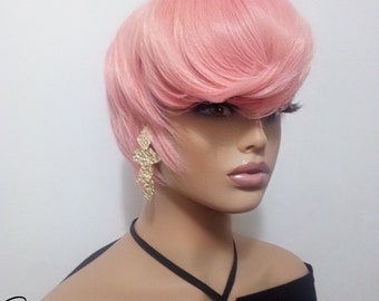 Custom made Pink Short Pixie 6Inch Wig None Lace Wig, Summer Wig New