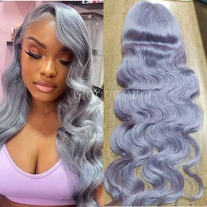 100% Human Hair Custom Made Smokey Silver Grey Body wave Glueless Lace Front Wig, Brazilian  pre plucked With transparent Lace.