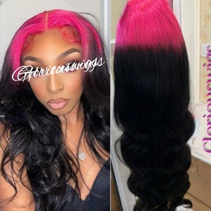 100% Human Hair Pink Root Brazilian Hair Body Wave Lace Front Wigs Pre Plucked 150 Density Transparent T-Part HD Glueless Lace Front Wig