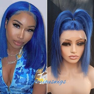 100% Human Hair Blue Bob Straight middle Parted Glueless Lace Front Wig handmade