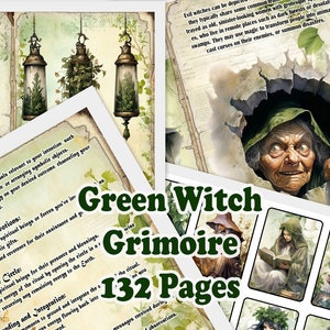 Grimorio de la Bruja Verde (132 páginas) - Paquete de impresiones imprimibles. Páginas, etiquetas, tarjetas, sobres, etc. Diario basura.