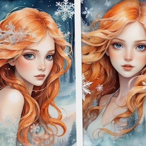 Roodharige Beautiful Snow Maiden Alleen 18 kaarten, prints Afdrukbaar. Digital Junk Journal Kit afdrukbaar plakboek downloaden: