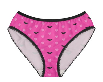 pink and black hearts/bats patterned underwear, pastel goth kawaii valentines day womens panties, cute spooky lingerie