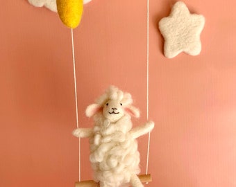 Sheep on swing, Needle Felted sheep, Needlefelted animals, Nursery Decoration, Baby Crib Mobile, Baby Mobile Sheep, sheep, baby mobile