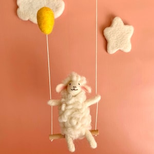 Sheep on swing, Needle Felted sheep, Needlefelted animals, Nursery Decoration, Baby Crib Mobile, Baby Mobile Sheep, sheep, baby mobile image 1