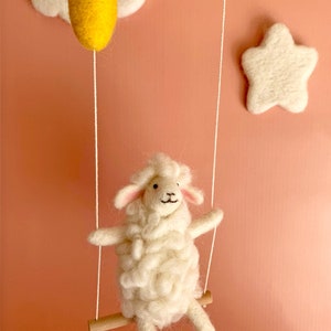Sheep on swing, Needle Felted sheep, Needlefelted animals, Nursery Decoration, Baby Crib Mobile, Baby Mobile Sheep, sheep, baby mobile image 2