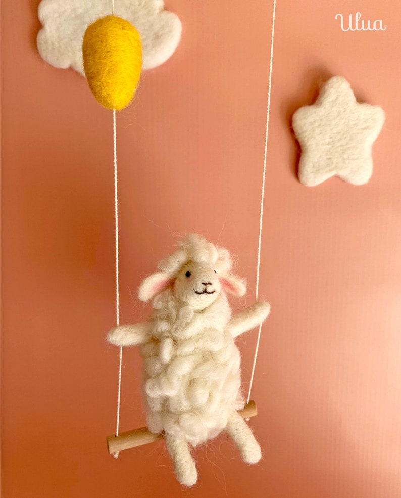 Sheep on swing, Needle Felted sheep, Needlefelted animals, Nursery Decoration, Baby Crib Mobile, Baby Mobile Sheep, sheep, baby mobile image 2