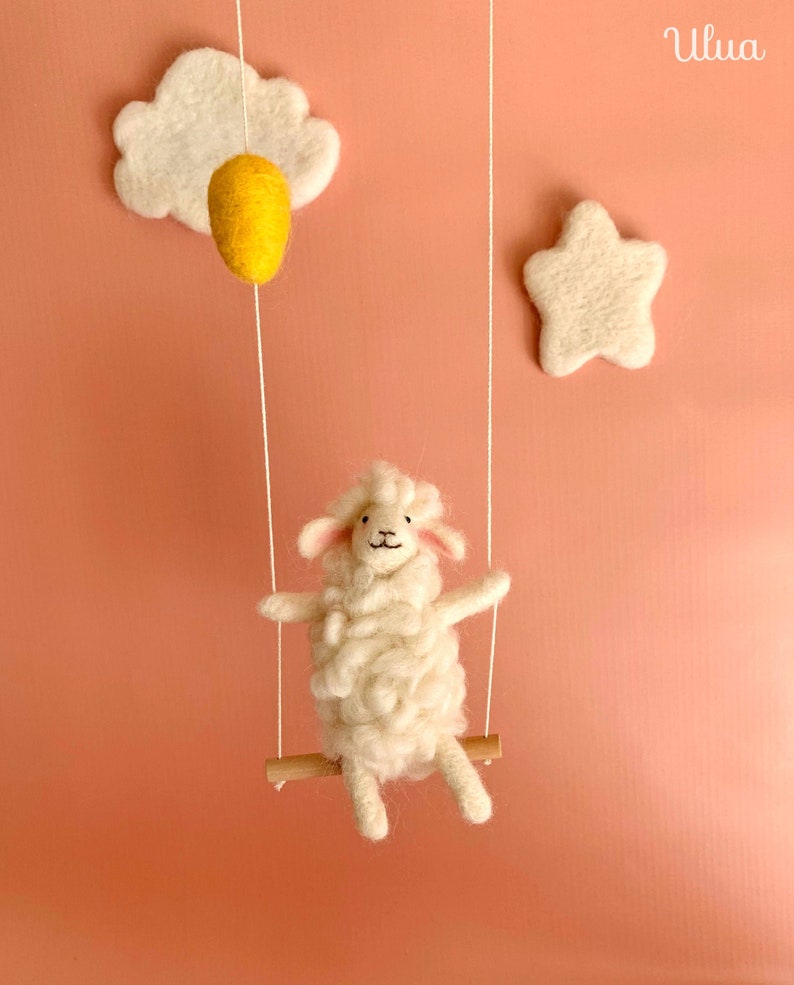 Sheep on swing, Needle Felted sheep, Needlefelted animals, Nursery Decoration, Baby Crib Mobile, Baby Mobile Sheep, sheep, baby mobile image 1