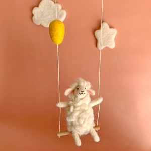 Sheep on swing, Needle Felted sheep, Needlefelted animals, Nursery Decoration, Baby Crib Mobile, Baby Mobile Sheep, sheep, baby mobile image 3