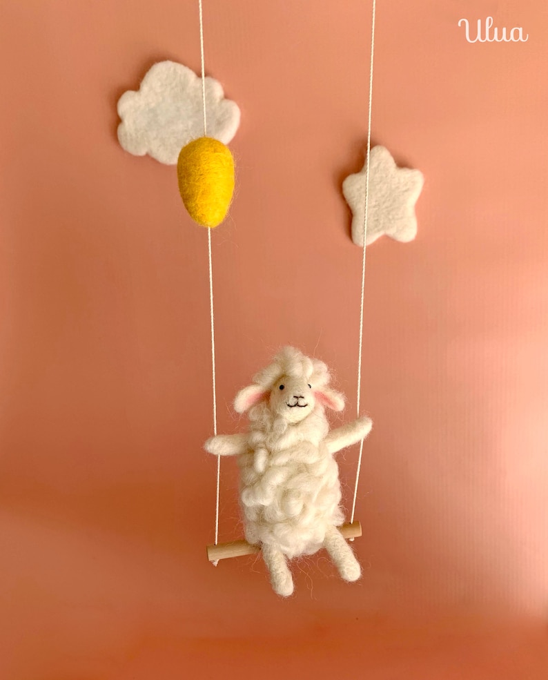 Sheep on swing, Needle Felted sheep, Needlefelted animals, Nursery Decoration, Baby Crib Mobile, Baby Mobile Sheep, sheep, baby mobile image 3