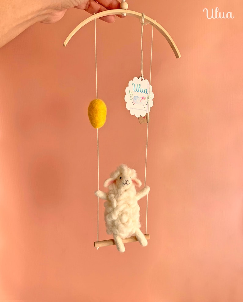 Sheep on swing, Needle Felted sheep, Needlefelted animals, Nursery Decoration, Baby Crib Mobile, Baby Mobile Sheep, sheep, baby mobile image 4