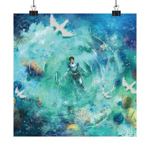 May include: A square art print featuring a person in a blue and white outfit floating in a turquoise pool. White birds and coral-like formations surround the person. The artwork has a watercolor style with soft edges and a dreamy quality.