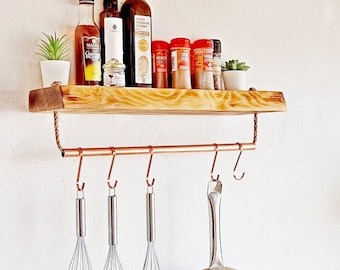 Copper utensil holder with solid wood floating shelf, kitchen storage, Kupfer holz Topf Rack, copper shelves, kitchen copper