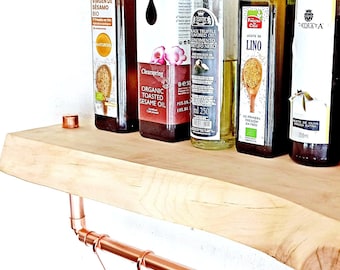 Wooden kitchen shelf with copper utensil holder, wooden live edge and copper kitchen shelves, solid wood and copper kitchen shelf