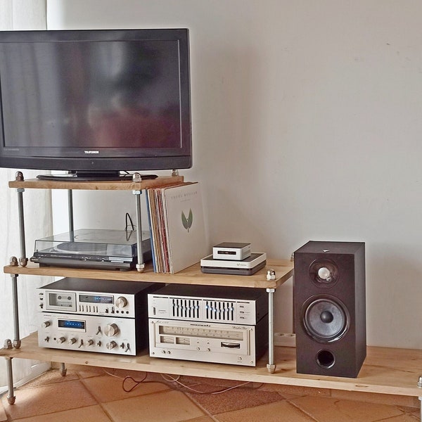 Meuble tv hifi modulable en bois massif et tiges filetees, adjustable tv hifi rack stand ,tv hifi lowboard, hifi stereo storage, vynil rack