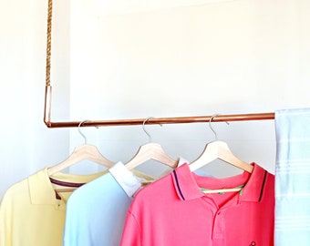 Copper clothing rail, copper and rope wardrobe, hanging clothing rack, copper wardrobe, copper and rope clothing bar