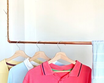 Suspended copper wardrobe, copper clothing rail, copper and rope clothing rack bar, suspended clothing rack, copper wardrobe bar
