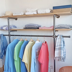 Wall wardrobe made of industrial pipes with 2 solid wood shelves, stahlrohr industrial Kleiderstange, clothes rail rack, open cabinet